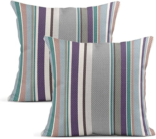 Miniatura 2 de Funda de almohada de lino natural, diseño de rayas pastel, color violeta y elegante, para el hogar, sofá, habitación, sillón, cama, 18.0 x 18.0in