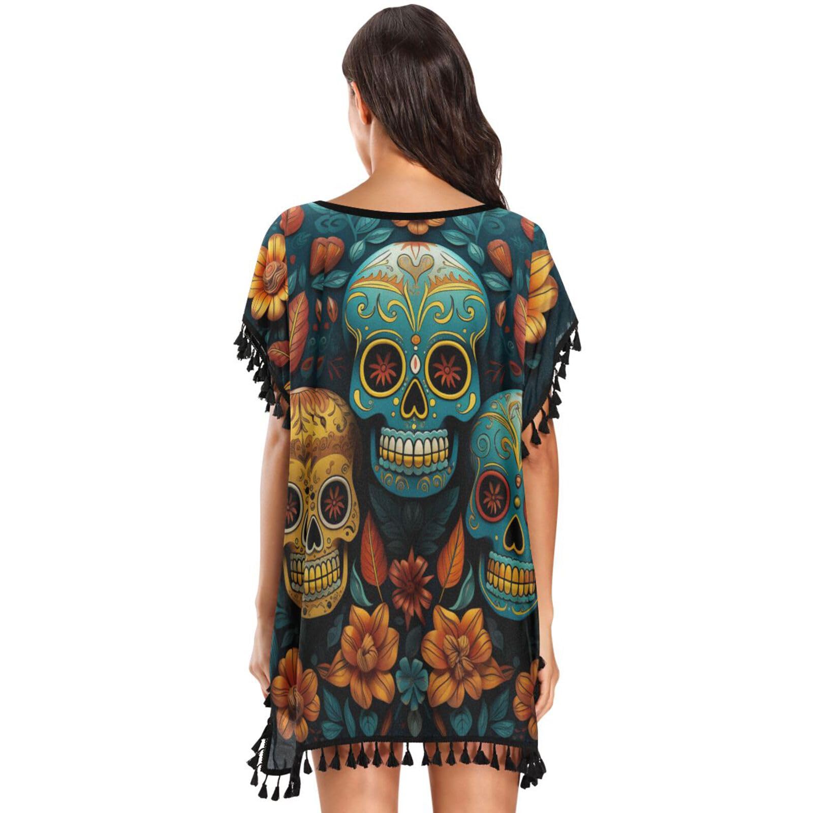 KAAVIYO Colorful Skulls Sunflower Women's Beach Cover Up Chiffon Tassel Swimwear Swimsuit Coverups for Girl