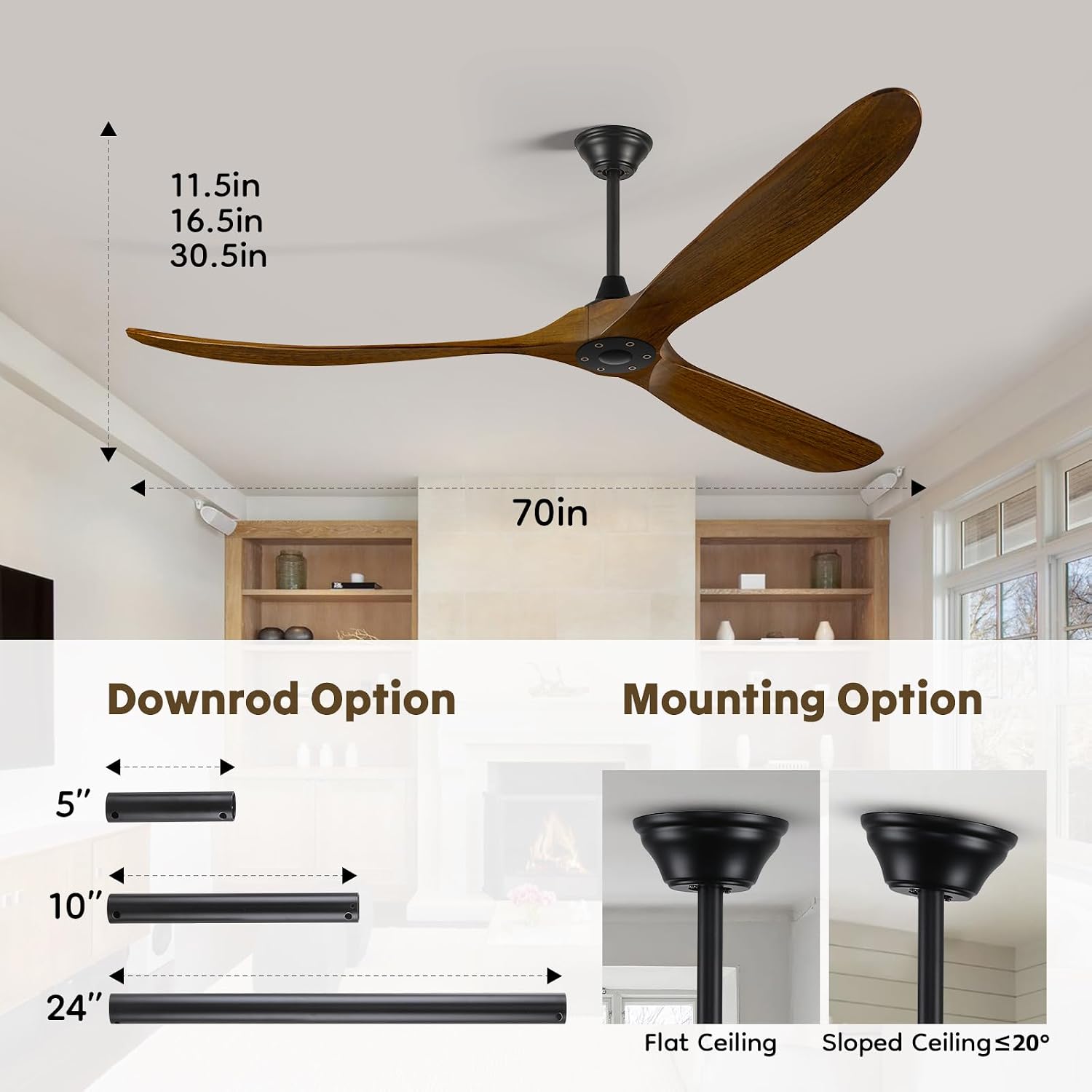 70 Inch Wood Ceiling Fans No Light, Large Outdoor Ceiling Fan without Light 3 Blades Propeller, Modern Smart Fan with Remote/App Control, Quiet Reversible DC Motor for Home or Commercial