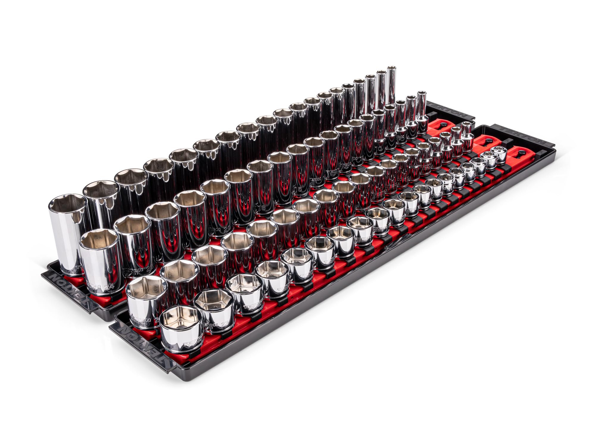 3/8 Inch Drive Extra-Shallow, Shallow, Semi-Deep, and Deep 6-Point Socket Set with Rails…