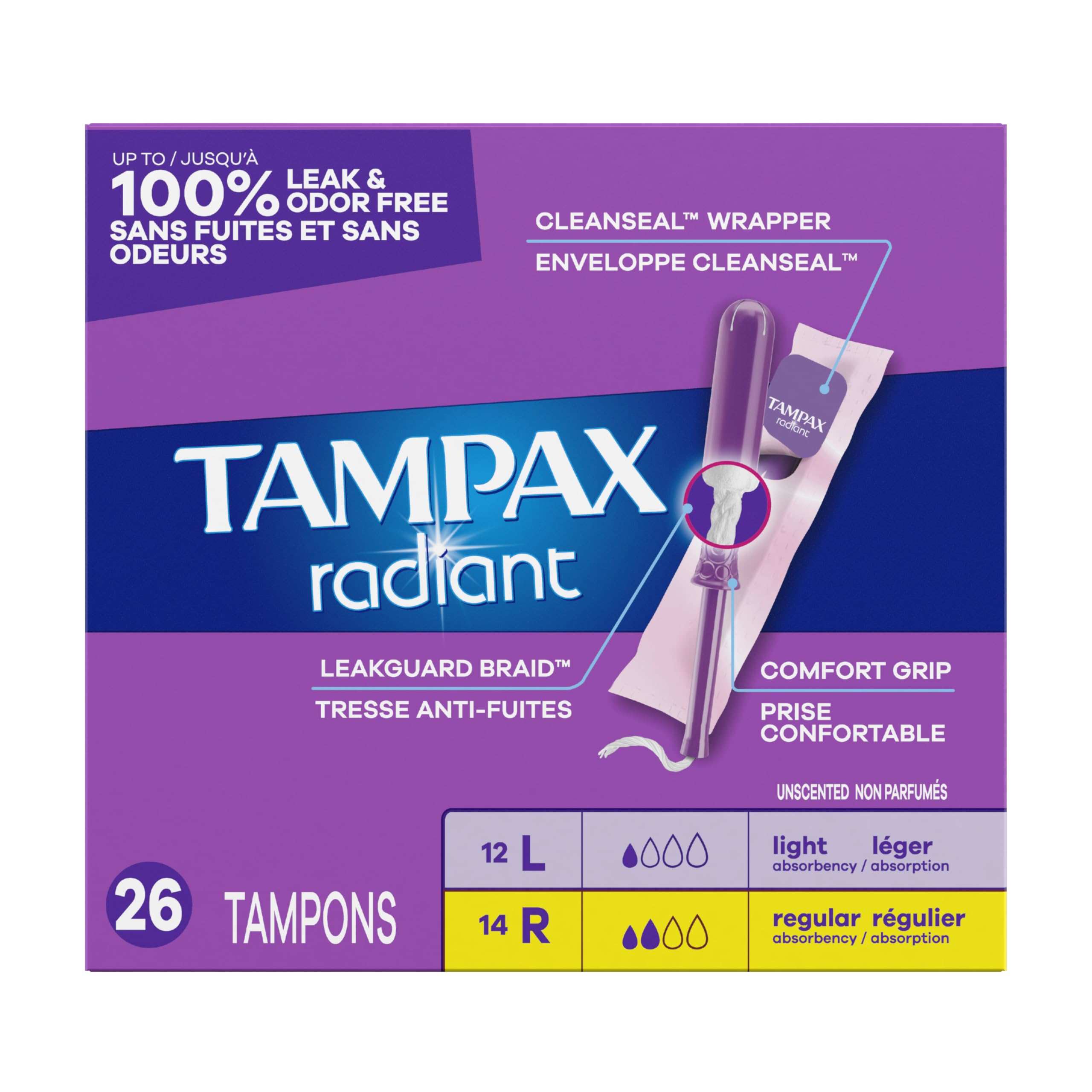 Tampax Radiant Tampons Multipack, with LeakGuard Braid, Light/Regular Absorbency, Unscented, 26 Count