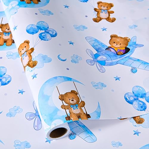 Sikiweiter Papel de regalo para baby shower, 17 x 16.4 pies, rollo de regalo de oso de peluche para regalos de baby shower de niño (oso de bebé)