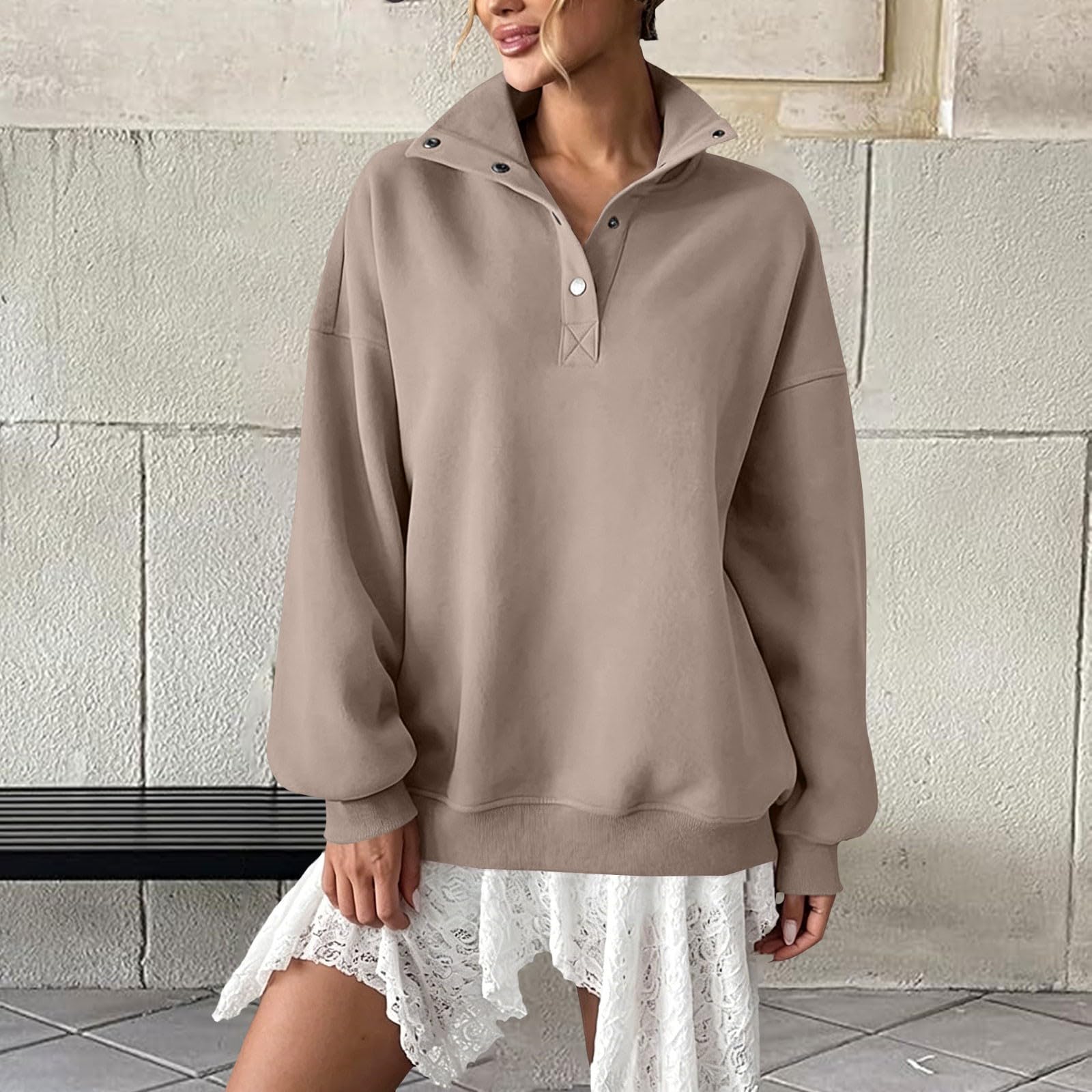 Generico Sudaderas Mujer Sin Capucha Cuello Alto con Botones Manga Larga | Sudadera lisa elegante y ligera, suave y cómoda, ajuste holgado, para llevar todos los días