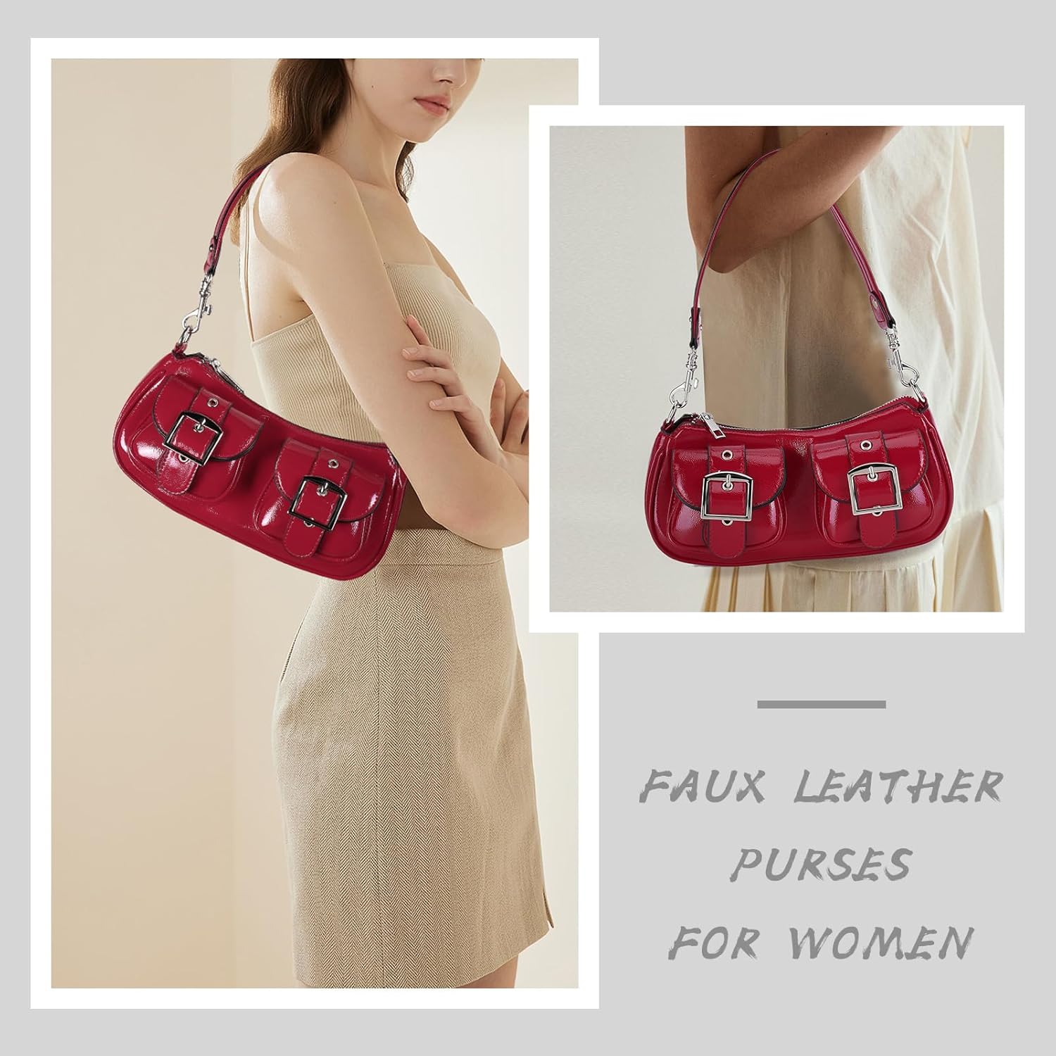 hibear Y2K Purse for Women,Burgundy Purse Cute Red Tote Crossbody Handbag Double Pocket Faux Leather Hobo Bag for Work - Image 2