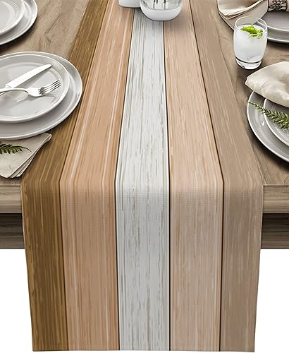 Miniatura 56 de Camino de mesa de algodón y lino estilo granja rústico retro, textura de madera de granero, color degradado marrón y gris, antideslizante,