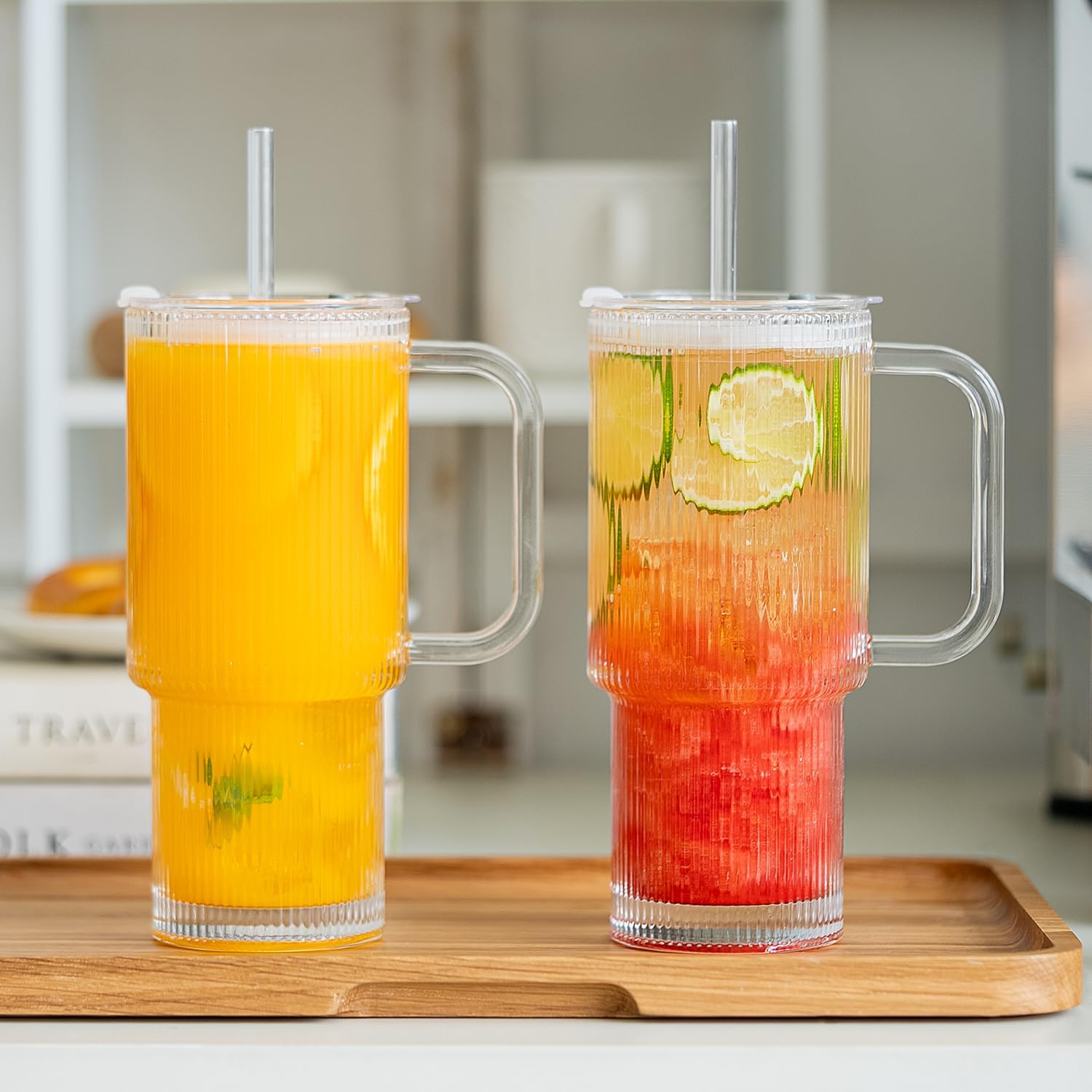 26oz Ribbed Glass Tumbler with Handle & Lid, 2-Pack Clear large Iced Coffee Cups with Straws, Spill proof Glass Mug for Cold & Hot Beverages, Aesthetic Travel Cup for Smoothies, Tea, and Juice - Image 2
