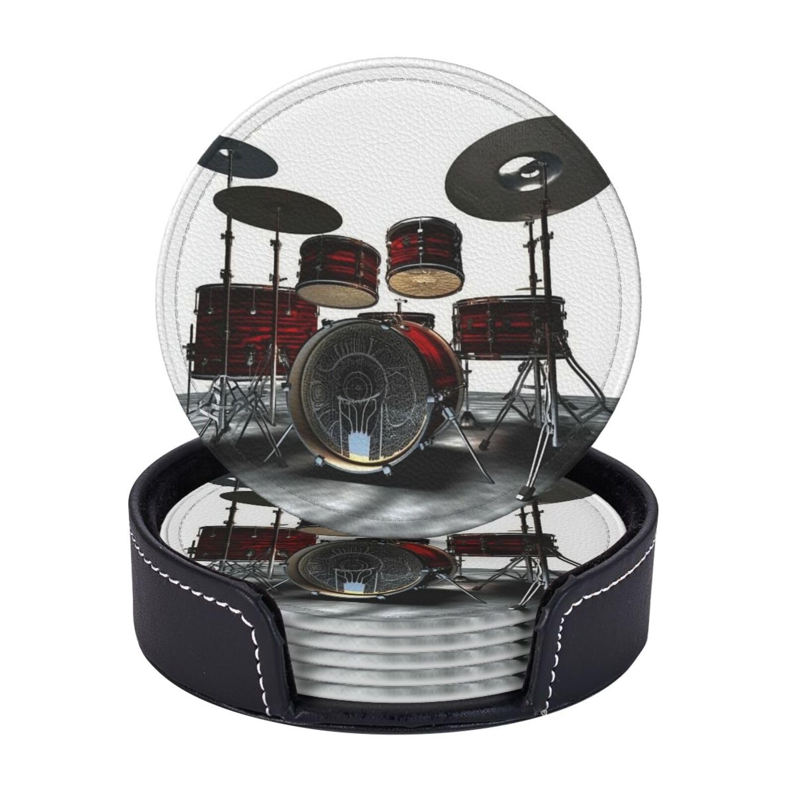 Round Coasters for Drinks Set of 6 - PU Leather Coasters with Holder - Modern Drink Coasters for Coffee Table - Cool Drum Set Coaster for Tabletop Protection 4" Cup Mat Pad