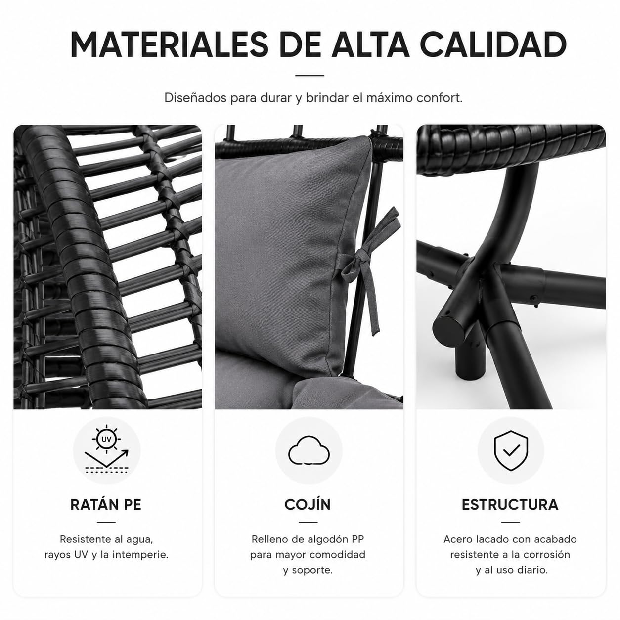 Silla Colgante Doble Huevo 2 Personas – Columpio de Ratán PE con Cojín de Alta Densidad, Doble Arco de Acero, Muelles de Alta Resistencia y Base Antideslizante para Terraza, Jardín, Balcón e Interior