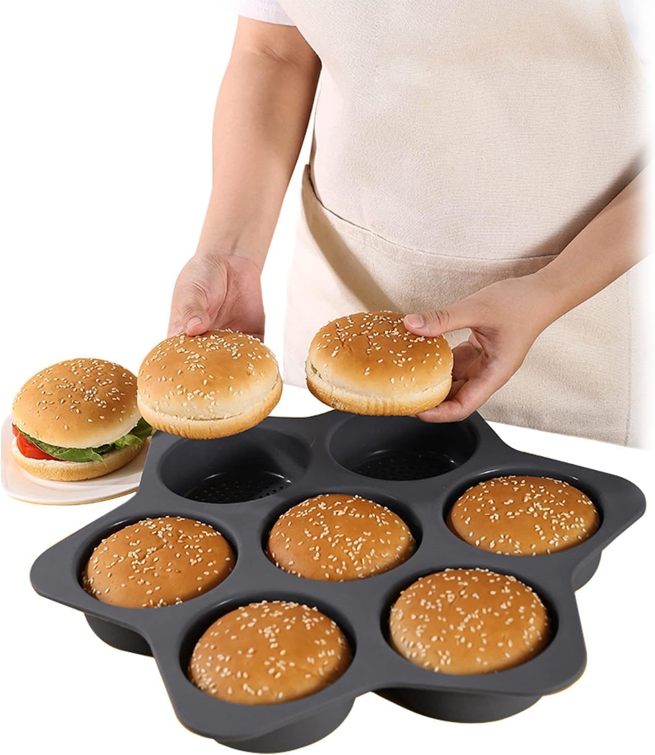 Matiko Silicone Hamburger Bun, Bun,7 Cavities Loaf Pan 7-Hole Silicone Hamburger Baking Tray Breathable Hollow Pans Non Stick Bread Baking Sheets Bun Pannon for Gluten Buns Mold-picture-24