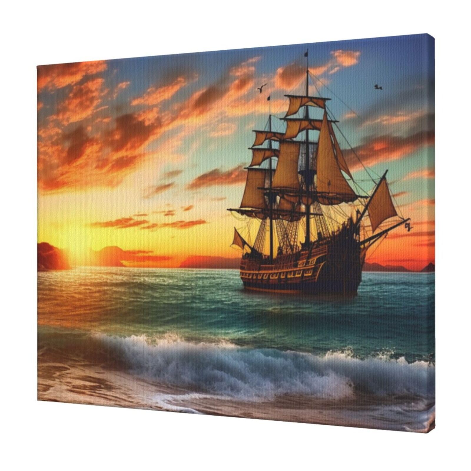pirate ship in the sunset Canvas Wall Art for Living Room Wall Decor 20"x24" Modern Artwork Painting Pictures Hanging Canvas Prints Aesthetic Wall Art for Bedroom Bathroom Office Wallart Decor