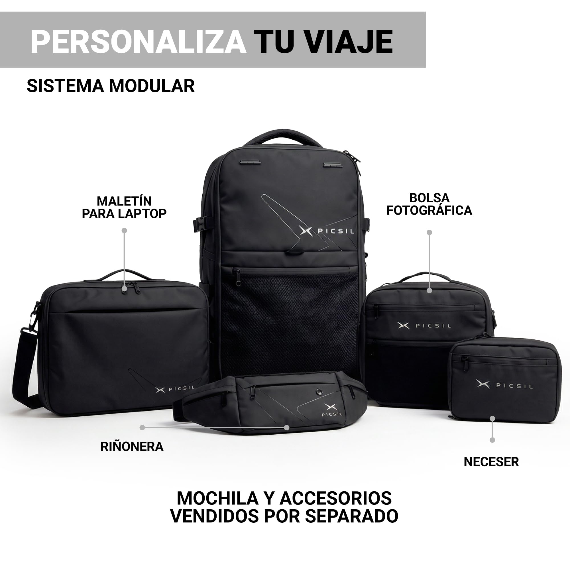 PICSIL Horizon, Mochila Cabina Extensible 26L-33L, Comparimento PC - Moss | 47x29x18,5 cm aptas para avión. Diseño modular impermeable, puerto USB-C y apertura 180°. Zapatillero y bandas trolley.