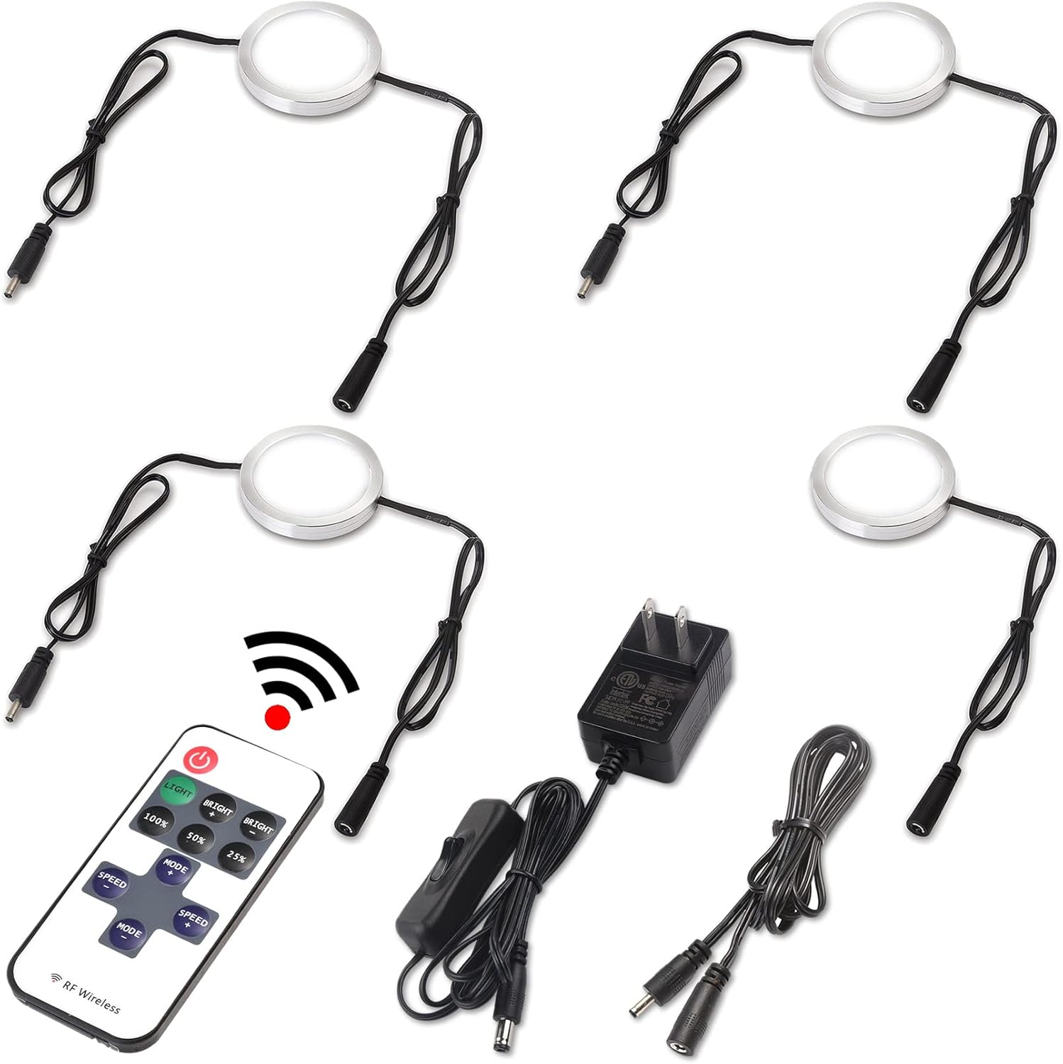 Book Case Lights, Halogen Under Cabinet Puck Light Replacement, Dimmable RF LED Remote Controller, 120V Wall Plugged in Adapter, Linkable Black Cables, Warm White 2700K, 3 Lights