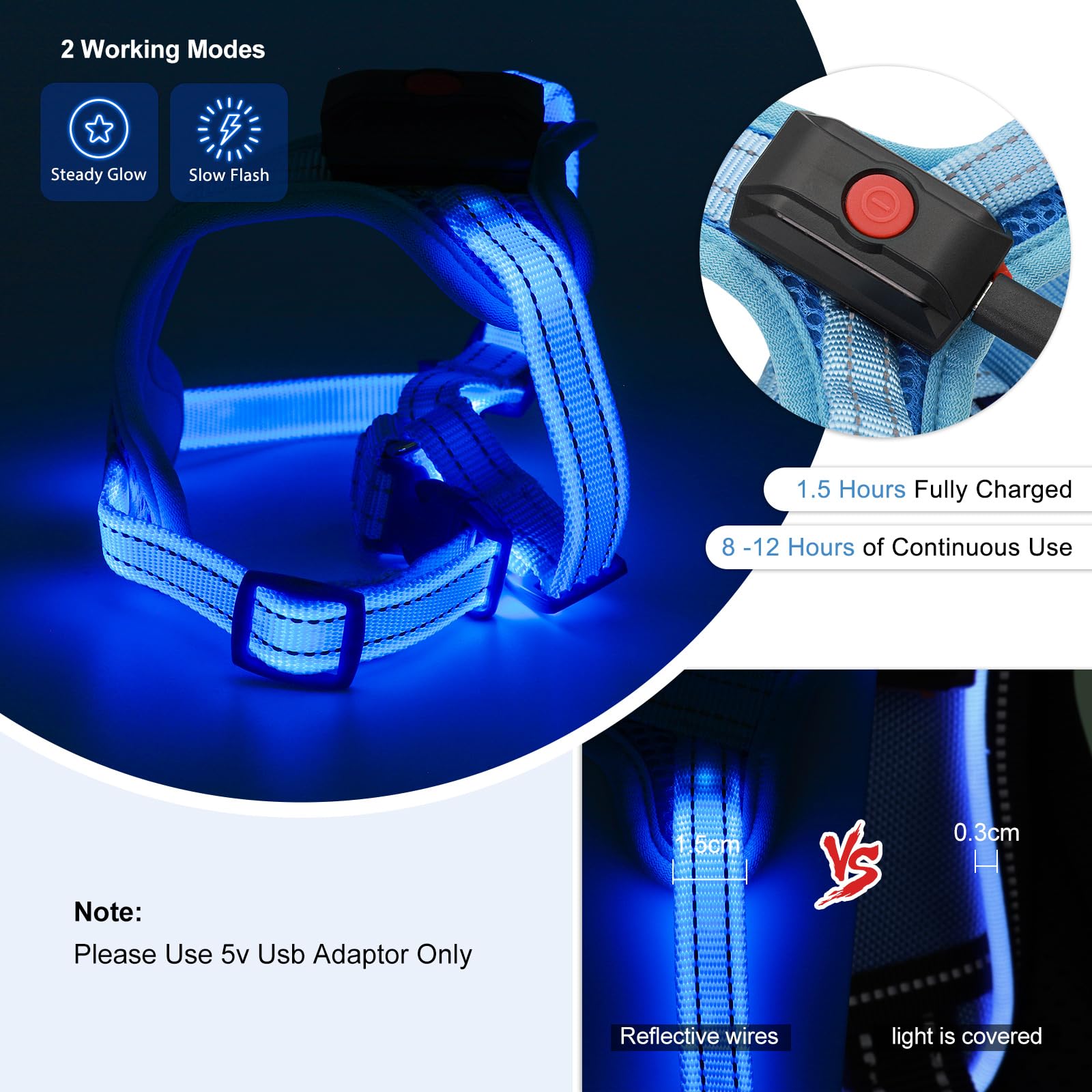 Arnés iluminado para perros pequeños recargable, arnés de chaleco LED para perro, arnés ajustable iluminado que brilla en la oscuridad, para cachorros, seguridad nocturna, caminar,