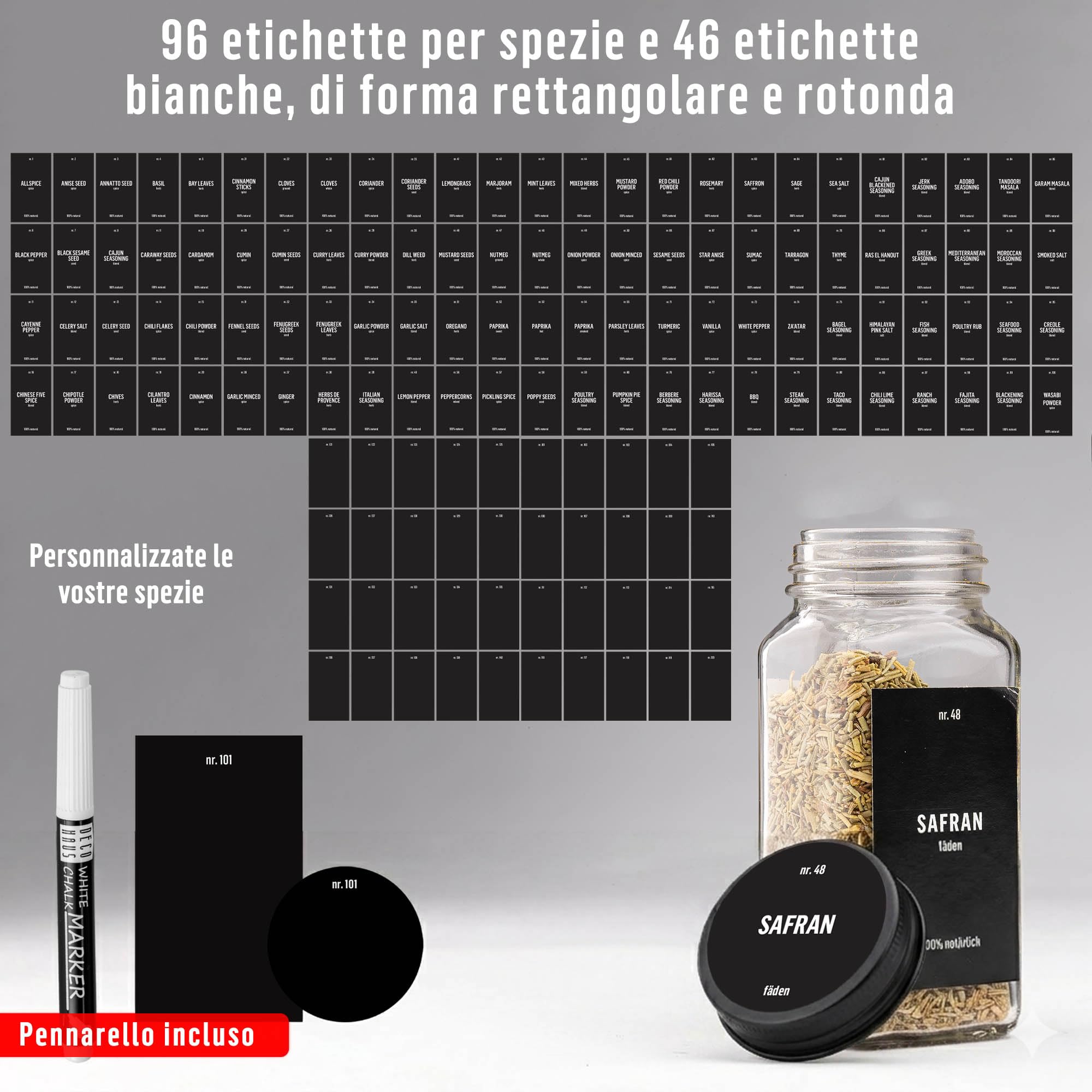 Deco haus® Set da 12 Contenitori per Spezie con Tappo a Vite - Kit per Condimenti con Etichette, Imbuto, Spazzola, Pennarello - Barattoli Portaspezie Piccoli in Vetro Trasparente da 120ml, 10,5x4,5 cm