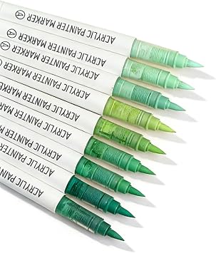 Green Acrylic Paint Markers, 9 Colors Acrylic Paint Pens Water Based and Soft Brush Tip for Wood Glass Eggs Rock Painting Canvas Stone Fabric DIY Crafts Art Supplies Green