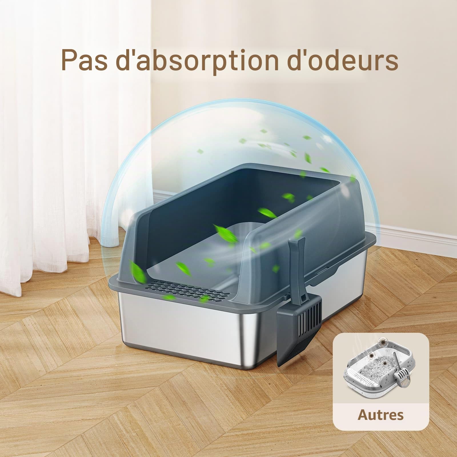 Zarler Bac à litière en Acier Inoxydable avec Couvercle, bac à litière Extra Large en métal pour Grands Chats avec côtés Hauts, Gris (antiadhésive, Facile à Nettoyer, Anti-fuites d'urine)