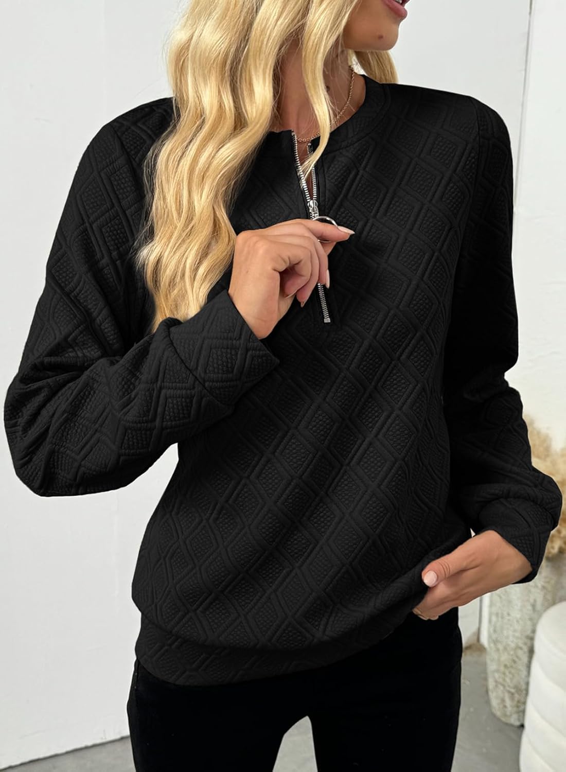 BLENCOT Sweatshirts for Women Crew Neck Long Sleeve Half Zip Quilted Pullover Tops Textured Solid Casual Fashion Fall Tops - Image 3