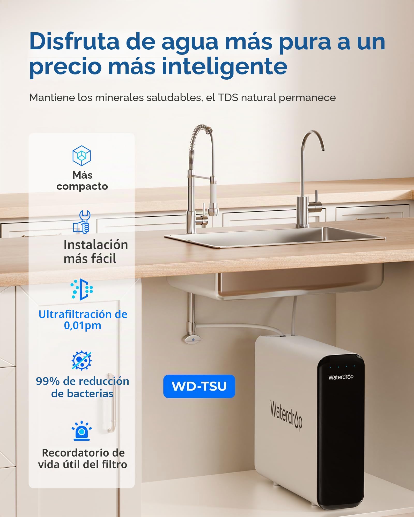 Waterdrop TSU 0,01 μm Sistema de Filtro de Agua Debajo del Fregadero de Ultrafiltración, Alta Capacidad de 3 Etapas, Panel Inteligente, Sin Aguas Residuales, Reducir PFAS, PFOA/PFOS
