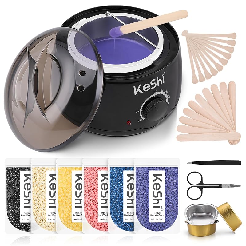 Kit de depilação com cera KeShi, aquecedor de 500 mL e 6 pacotes de pérolas de cera quente