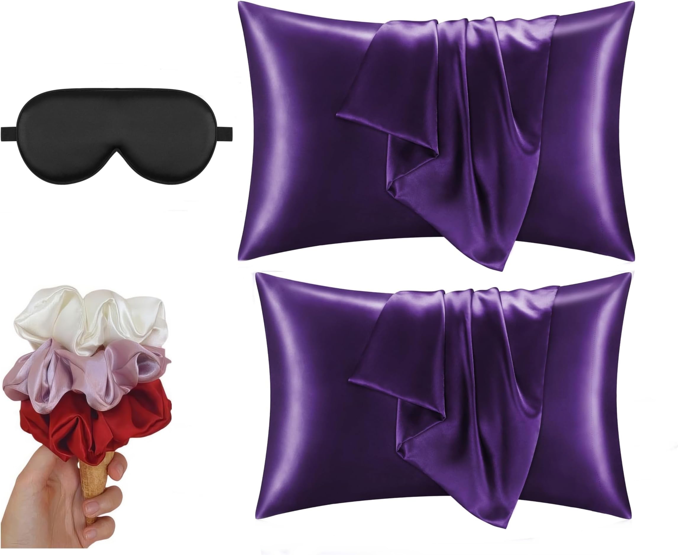 Armoxa Satin Pillowcase Set (2 Pack) with 3 Free Scrunchies for Women's Hairstyles & 1 Sleeping Eye Mask (Couples Set)