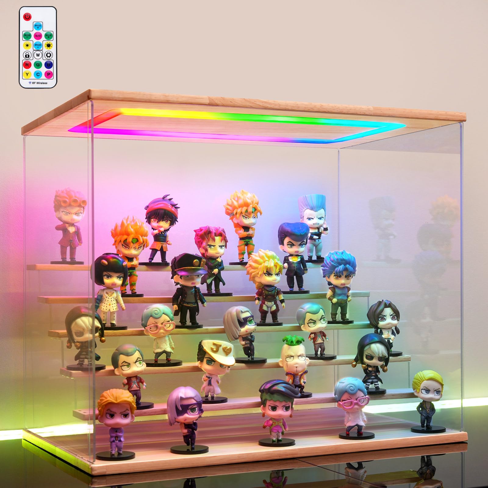 Nynelly Vitrine Acrylique Éclairée LED 5 Niveaux – Présentoir Transparent Anti-Poussière Pour Funko Pop, Labubu, Figurines & Collections, Porte & Étagères Amovibles, Style Bois Élégant