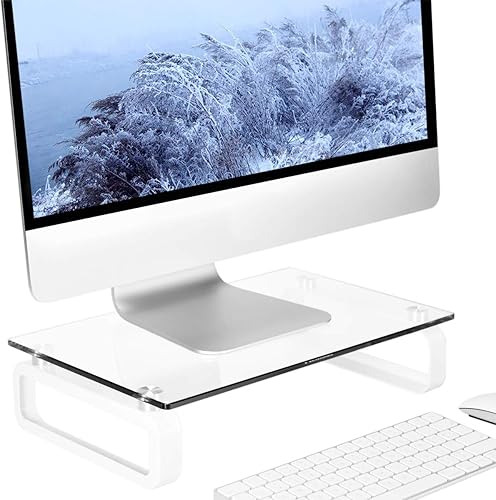 Miniatura 8 de Hemudu Clear Computer Monitor Stand Riser Multi Media Desktop Stand for Flat Screen LCD LED TV, Laptop/Notebook, with Tempered Glass and Metal Legs,