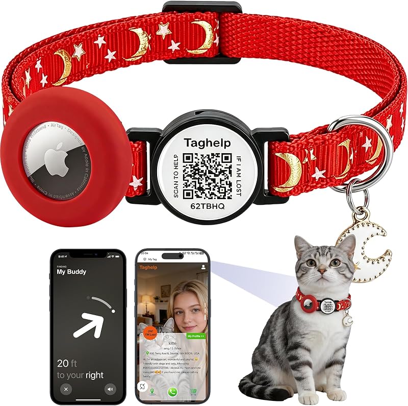 Coleira para Gatos com Suporte para Apple AirTag, QR Code e Fecho Breakaway Stars and Moon Taghelp – Vermelha