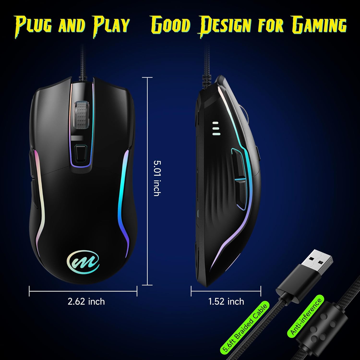 memzuoix C899 Wired Gaming Mouse with dimensions and USB cable