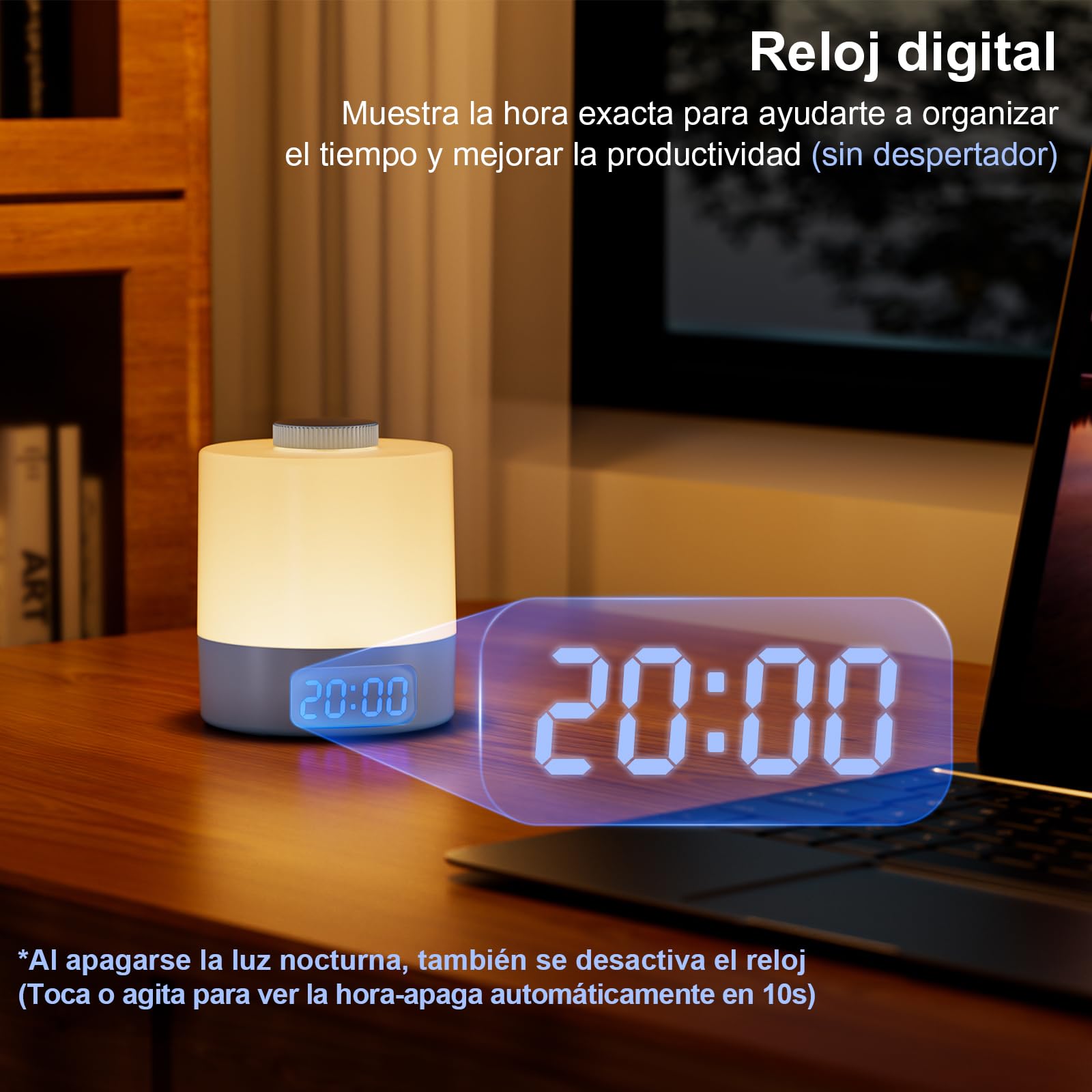 WOBANE Lámpara de Mesita de Noche sin Cable, Regulable Luz Nocturna Recargable USB con Reloj, 3600 mAh Lámpara de Bebé para Dormitorio, Mesa, Salón, Oficina, 3 Temperaturas de Color