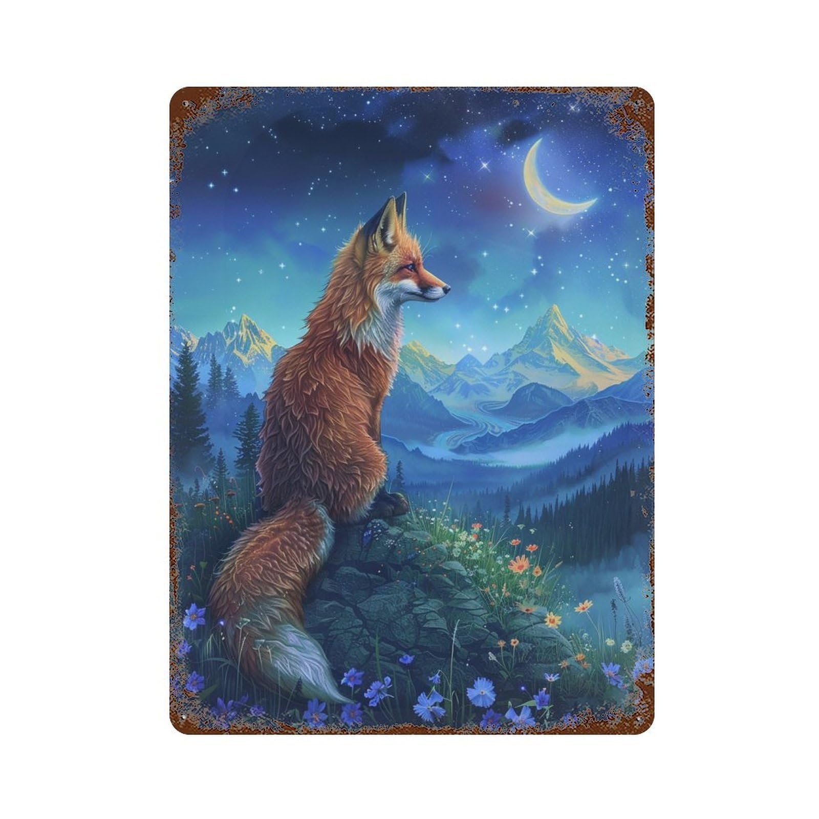 Rust Effect Fox in Starry Night Landscape -1 Rusty Metal Tin Sign 15.7"x11.8", Old School Wall Decor for Garage, Bar And Workshop Decor