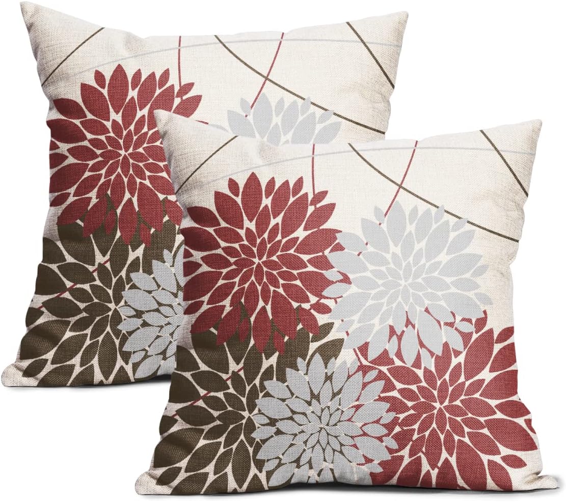 WOFOLE Red Gray Brown Pillow Covers 18x18 Inch Dahlia Flower Print Throw Pillow