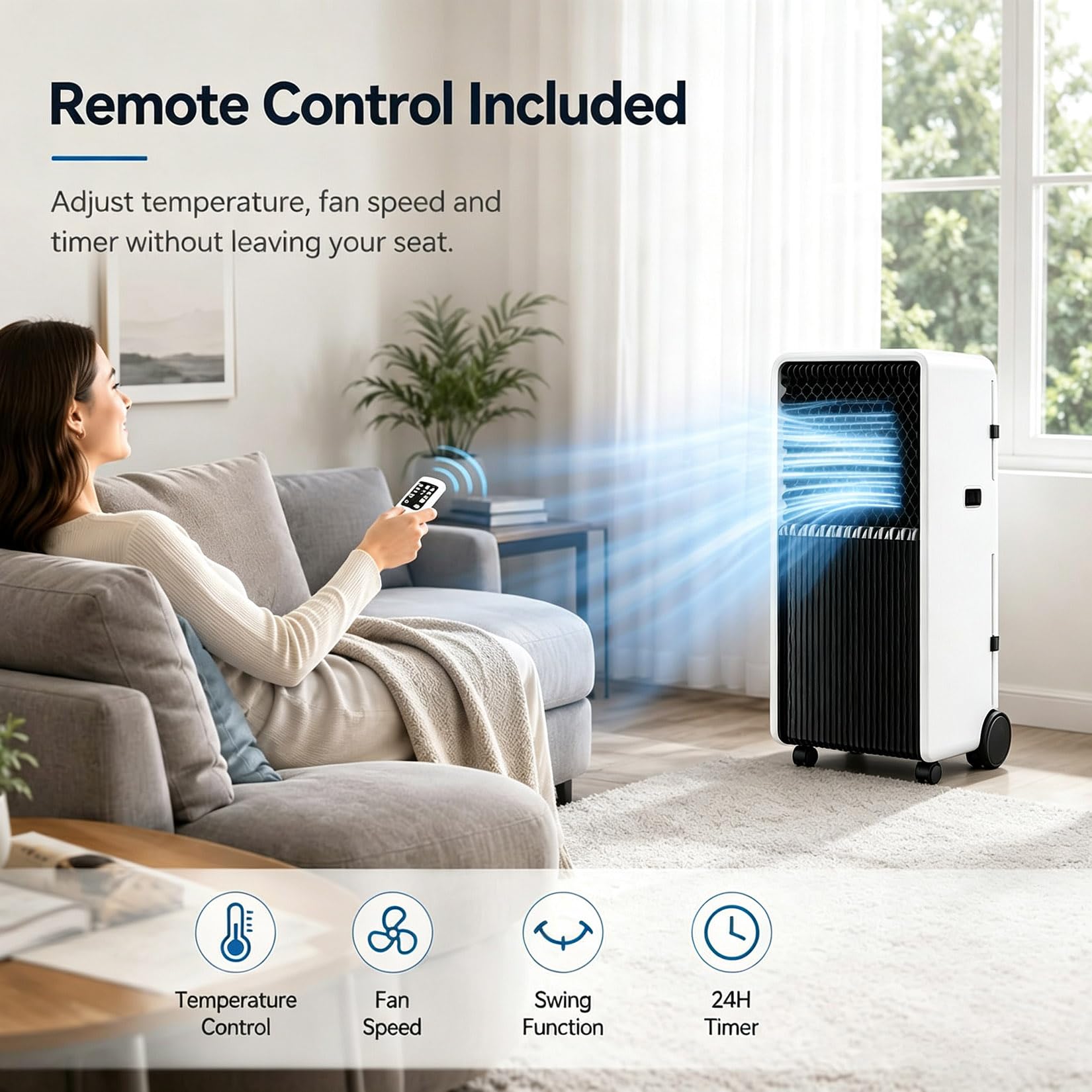 Climatizzatore portatile da 18000 BTU, con ruote, telecomando, 3 in 1, per soggiorno, ufficio, casa, palestra, garage, raffreddamento rapido per stanze fino a 100 m, solo raffreddamento, 12000