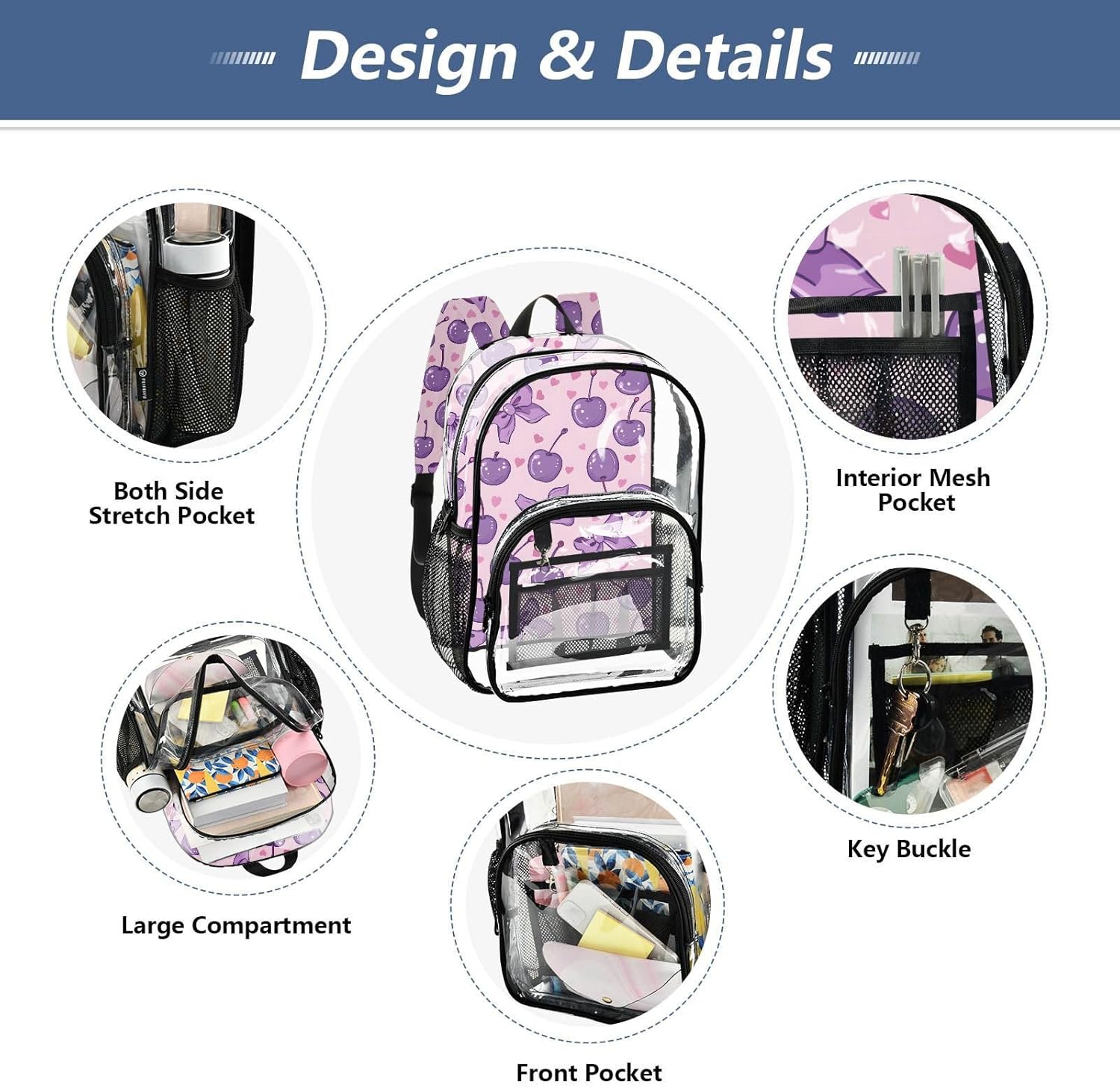 Cherry Bow Clear Backpack Heavy Duty See Through Transparent PVC BookBag for Kids Boy Girl Adult School Work
