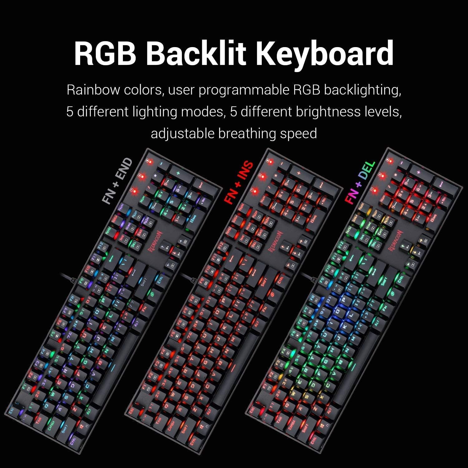 Redragon K551 Mechanical Gaming Keyboard RGB LED Backlit Wired Keyboard with Blue Switches for Windows Gaming PC (104 Keys, Black)