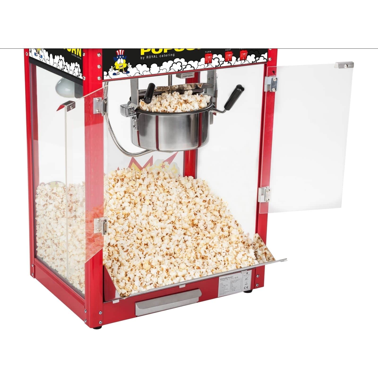 Royal Catering Machine À Popcorn Professionnelle RCPS-16E (1500 W, 5 Kg/Heure, 16 l/h, Marmite ø18 cm, Revêtement Antiadhésif, Rouge, Toit Noir)