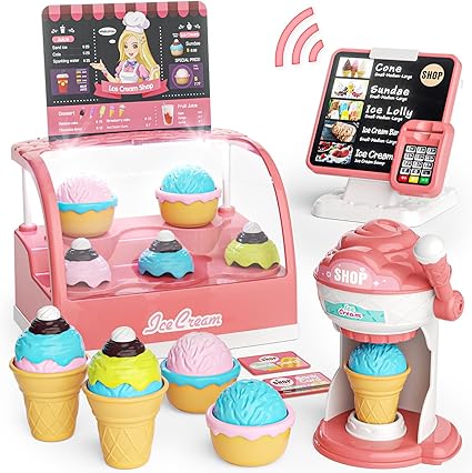 Ice Cream Toys Set, Pretend Play Shop Store, Ice Cream Counter with Light, Ice Cream Maker Playset, Cashier Toy with Sound, Kitchen Accessories Fake Food&Card, Gift for Toddlers Girls Boys 3+
