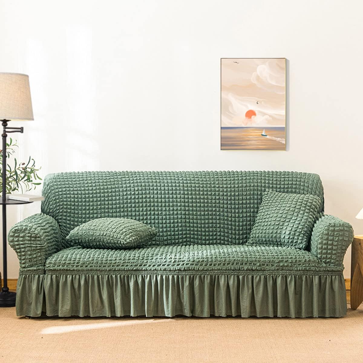 Qubjus Stretch Sofa Slipcover Sofa Covers Washable Couch Sofa Bed Cover Easy Fit Furniture Protector with Elastic Bottom and Skirt (Green, Medium)