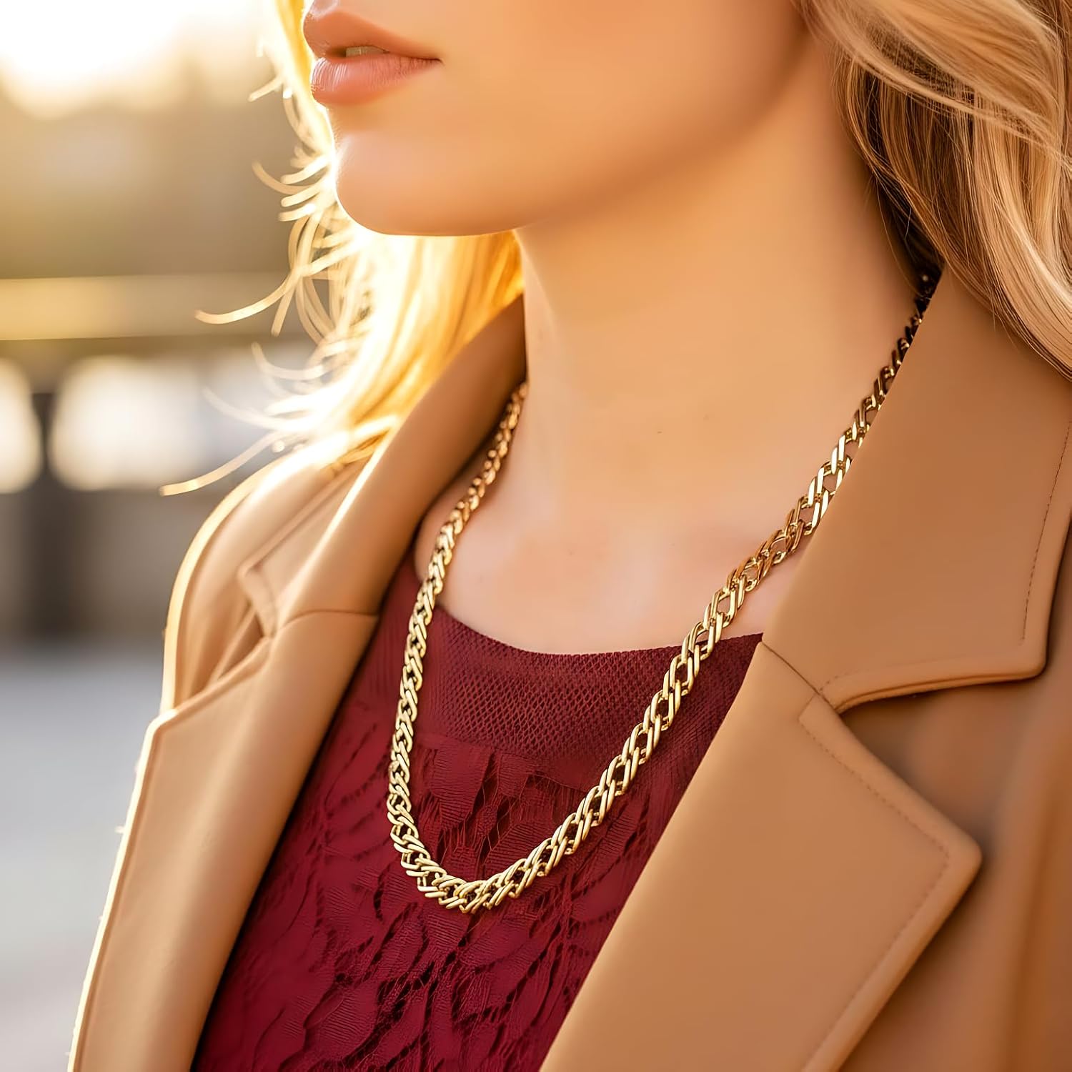 LIFETIME JEWELRY 7.7mm Venetian Chain Necklace for Women & Teen 24k Gold Plated