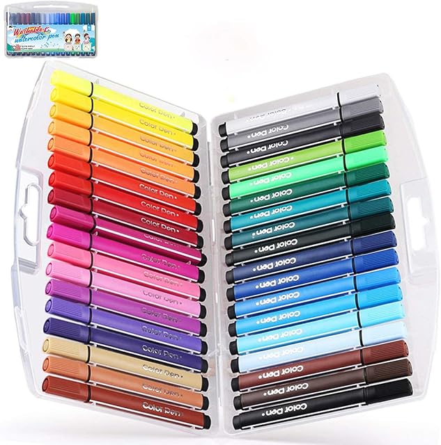 KXF Washable Felt Tip Colouring Pens Set for Children Non-toxic Thick Fibre Tip Pen Chunky Pens with Case Box for Colouring Book Drawing Gift - 36 Assorted Colours - Ages 3 Years Plus
