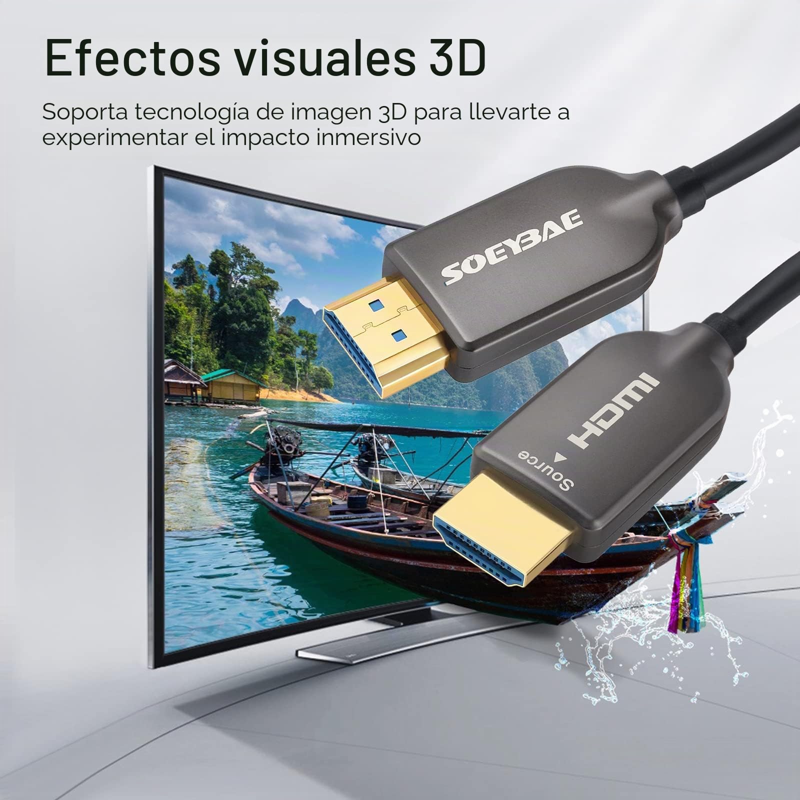 SOEYBAE Cable HDMI de Fibra Óptica 50M HDMI 2.0 4k@60Hz HDR 4:4:4, Ultra HD de Alta Velocidad 18Gbps, 3D, ARC, HDCP 2.2