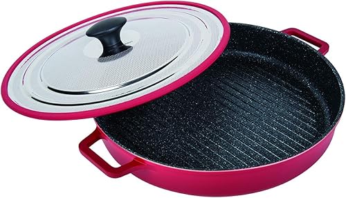 MasterPan Sartén antiadherente para horno con tapa de vapor térmica, utensilios de cocina antiadherentes, 12 pulgadas, rojo,