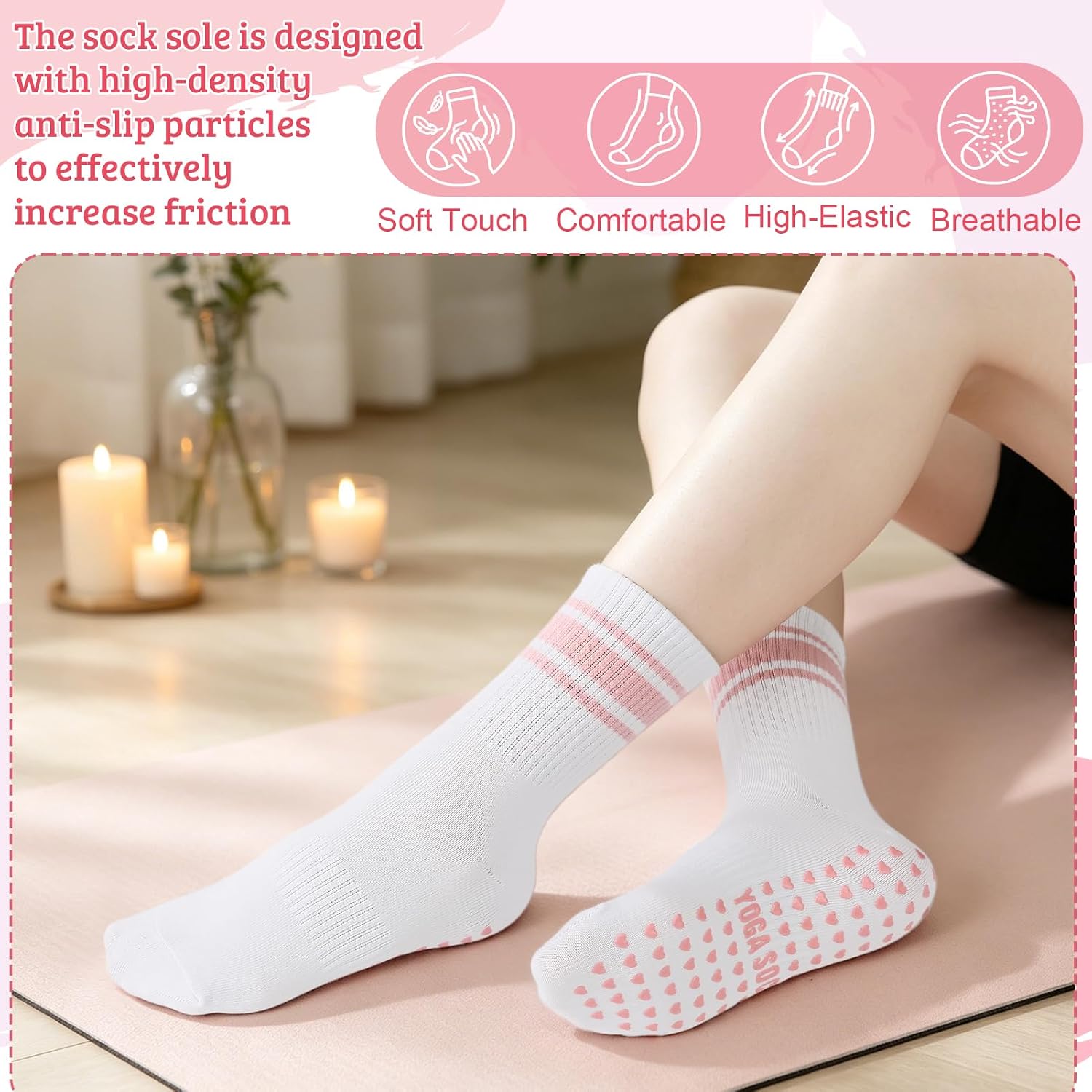 5 Pairs Cute Pilates Socks with Grips for Women Bow Stripes Non Slip Yoga Socks for Barre, Dance, Workout, Hospital
