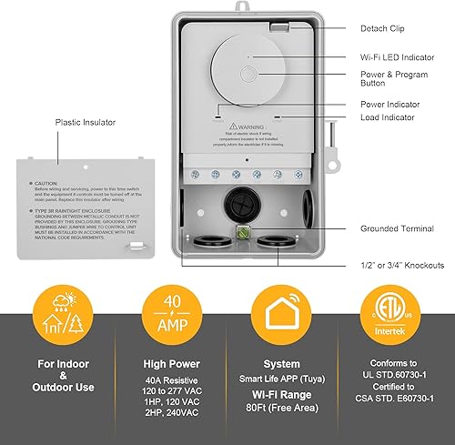 Miniatura 2 de SURAIELEC Temporizador de piscina WiFi, 40 amperios, 1HP 120V, 2HP 240V, interruptor inteligente para interiores y exteriores, controlador