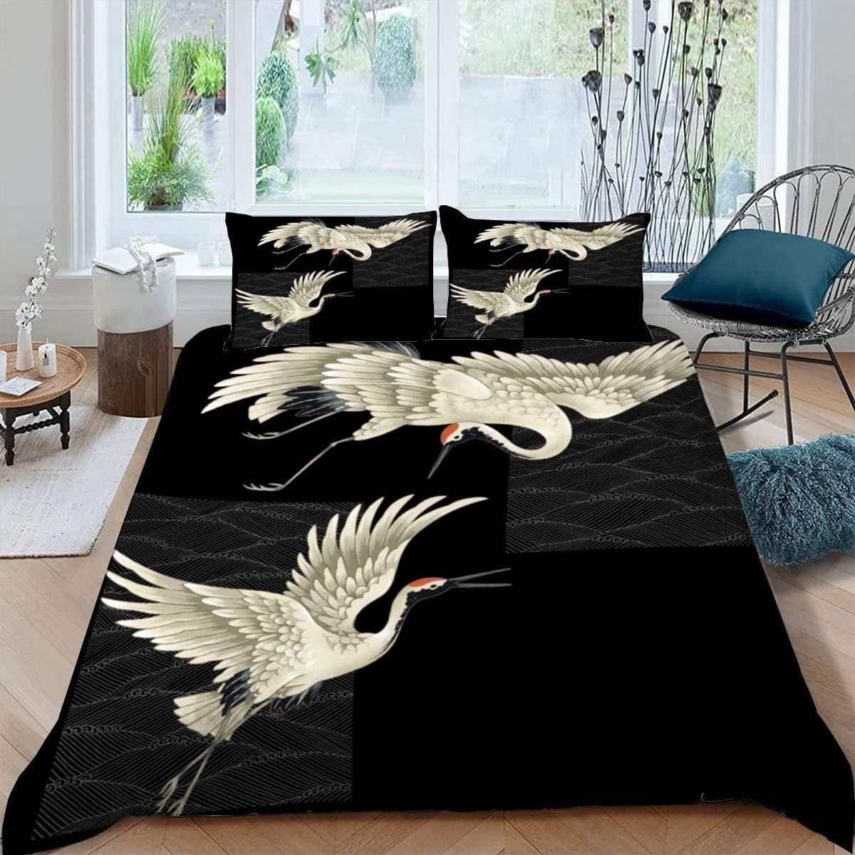 MEVASA Japanese-style Bedding Double Bed Set Microfiber Teenager Bedding Japanese Crane 3D Bedding Set for Small Double 3Pcs Anti Allergic Double Duvet Cover Set with Zipper /200x200