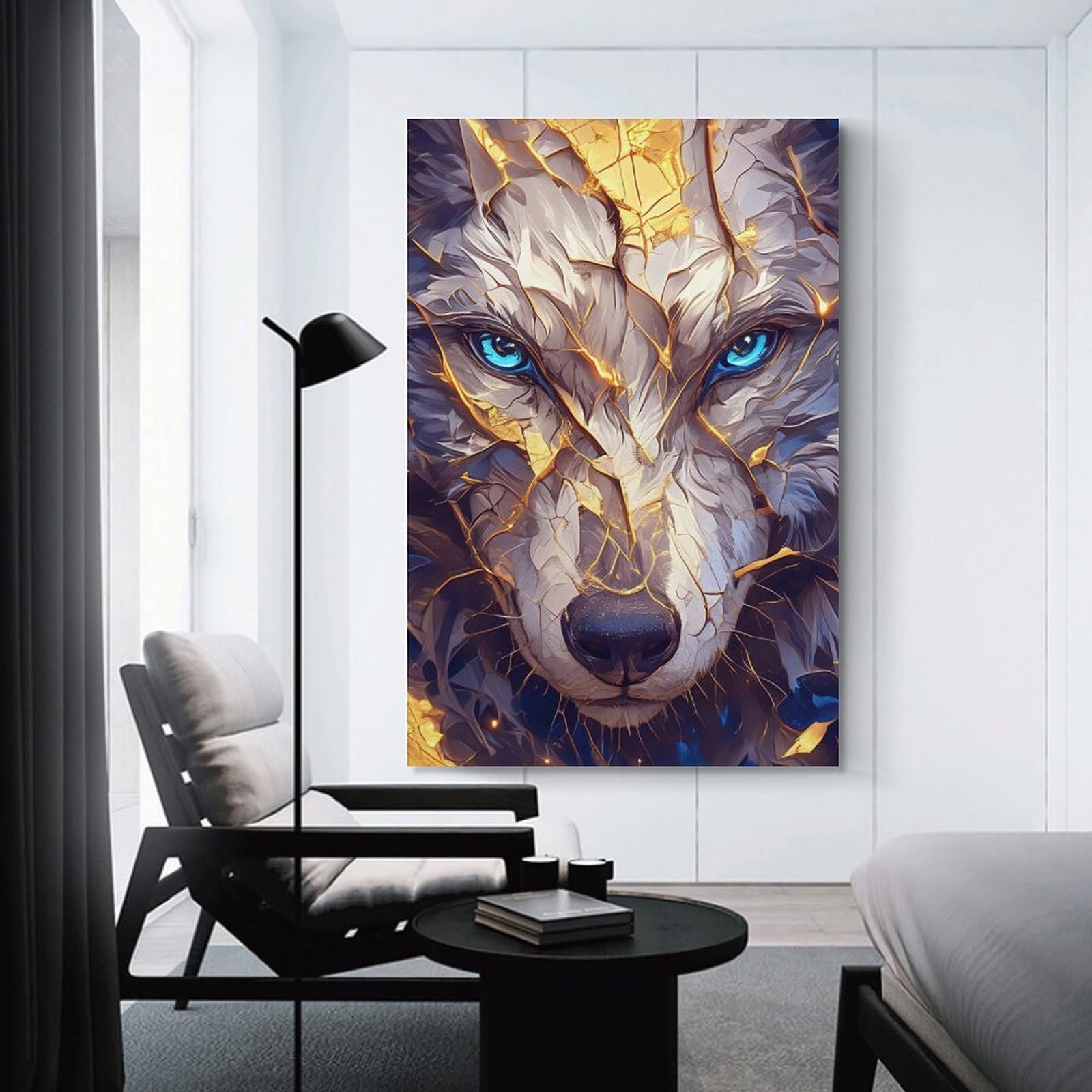 Junmoney Wall Picture Print Wolf Portrait with Golden Veins, 08x12inch(20x30cm), for Hallway, Bedroom Or Modern Interiors, Thoughtful Wall Decor for Art Lovers