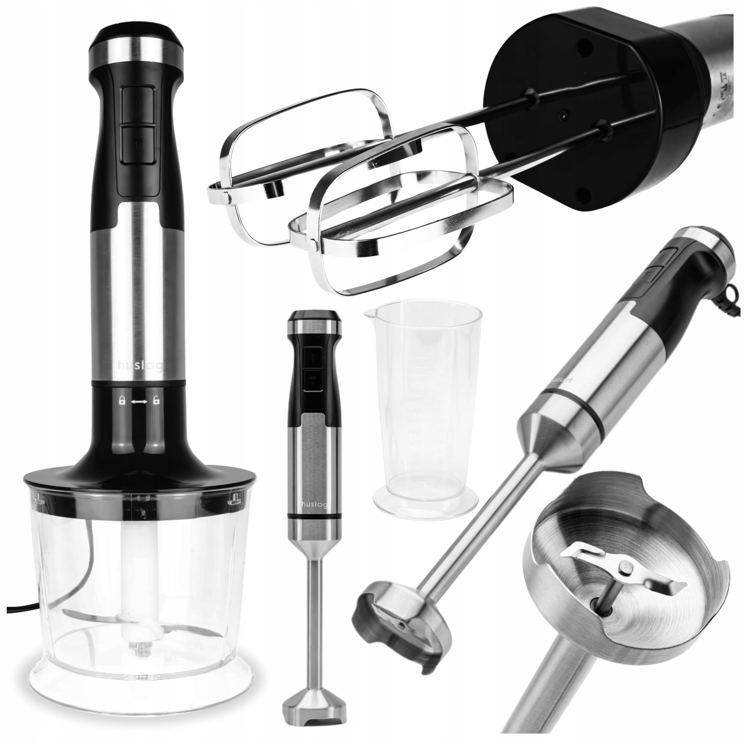 huslog Hand Blender 1500W, Speed Regulation, Turbo Function, Ice Pick Function, Includes Pimer, Chopper, Whisk, 700 ml Meter, Stainless Steel, Multifunctional Blender