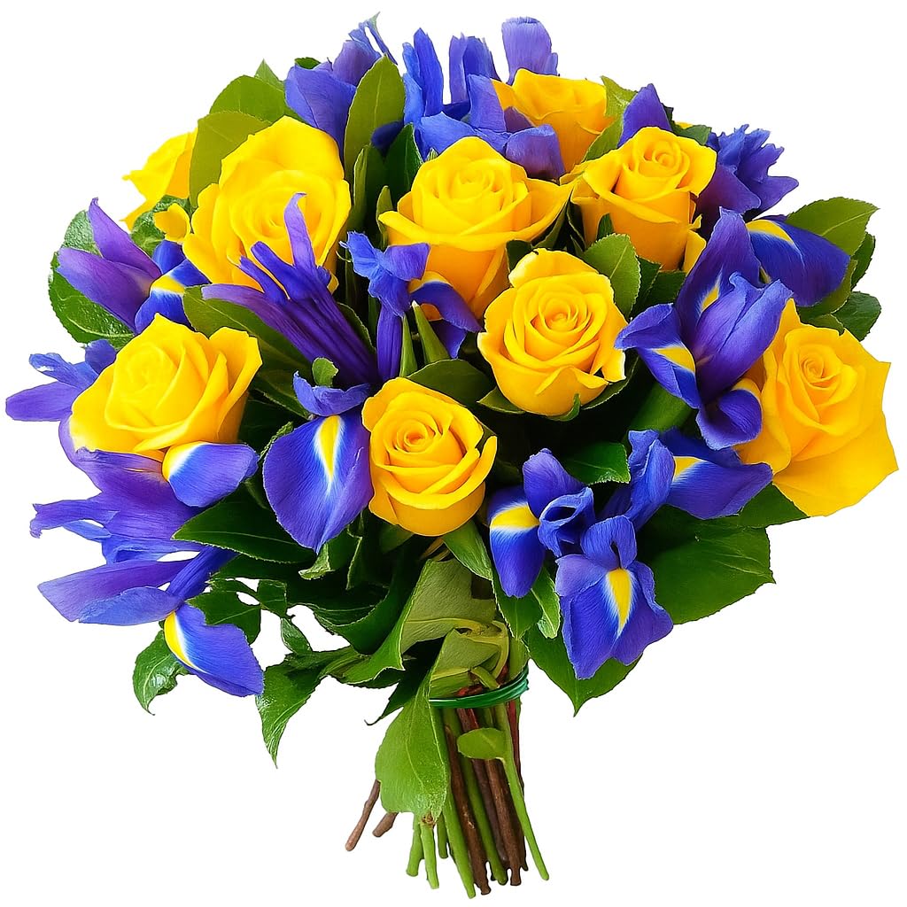 Yellow Roses & Blue Iris Bouquet – Fresh Flowers for Mother’s Day, Birthday, Anniversary – Luxury Hand-Tied Arrangement