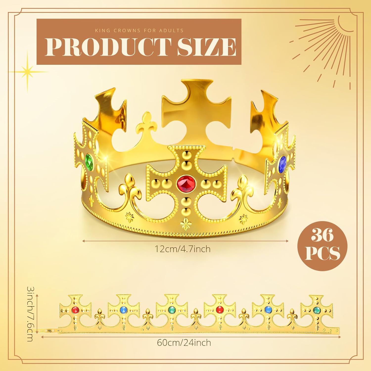 Quelay 36 Pcs King Crown Gold Adjustable Royal Prince Jeweled Crown Medieval for Party Birthday Royal Costume Cosplay Fun