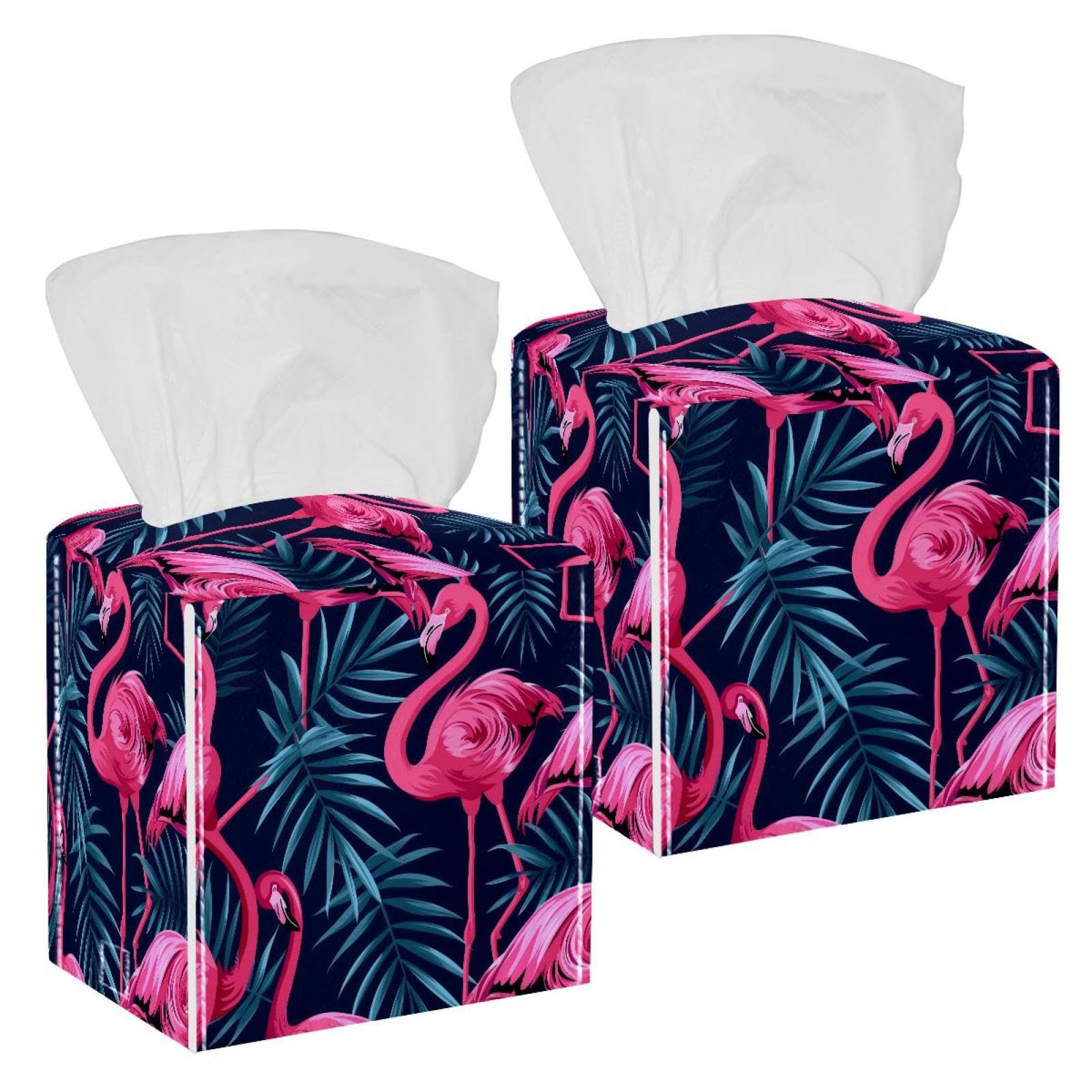 Flamingos Tissue Box Cover, 2 Pack PU Leather Square Facial Tissue Dispenser Box holder for Home Office Car
