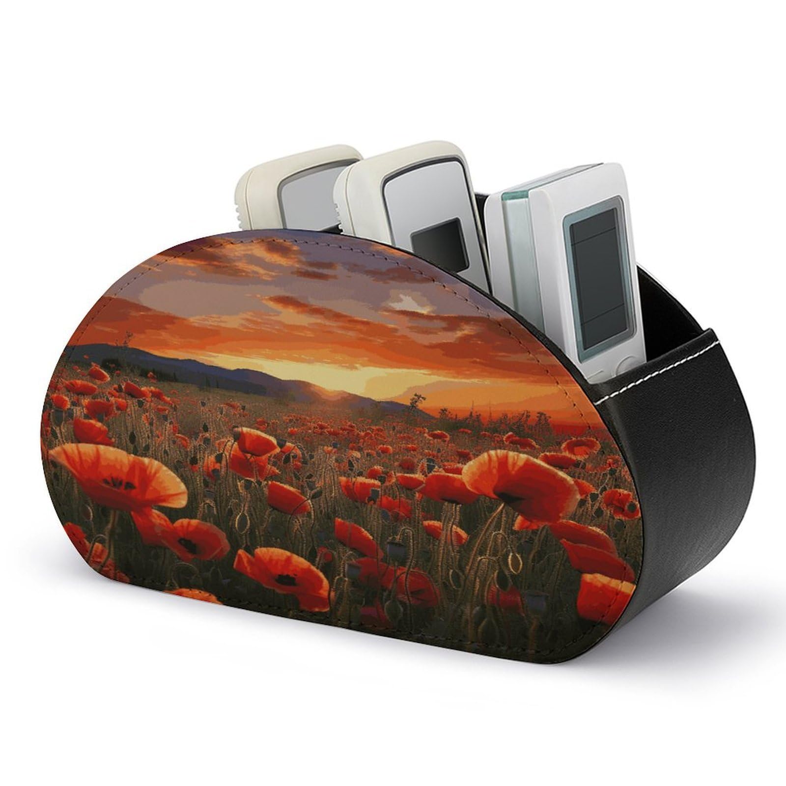 FekiLoot Red Poppy Flower Field in Sunset Remote Control Holder, PU Leather Remote Control Organizer Box Stationery Remote Control Box Desk Storage Organizer for DVDs,Glasses,Pens,Media Players